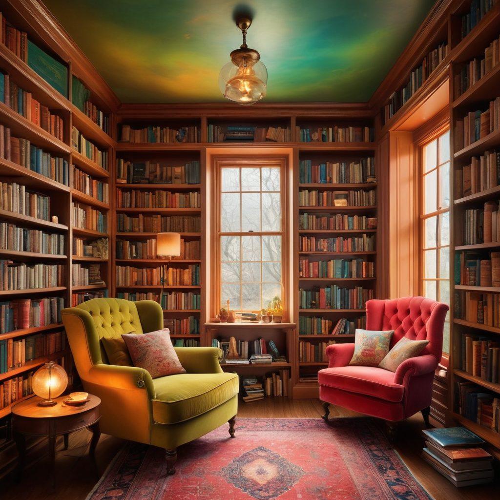 An enchanting library filled with books of various sizes and colors, glowing softly in warm light. A cozy reading nook with a plush armchair and a steaming cup of tea, surrounded by scattered pages and bookmarks. Floating book titles and whimsical illustrations of literary quotes swirl around, inviting readers into a world of imagination. Super-realistic. Vibrant colors. Soft focus.